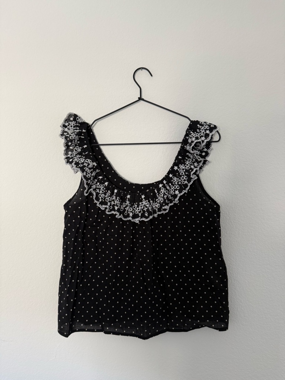 Sezane Black Polka Dot Ruffle Neck Women’s Tank Top